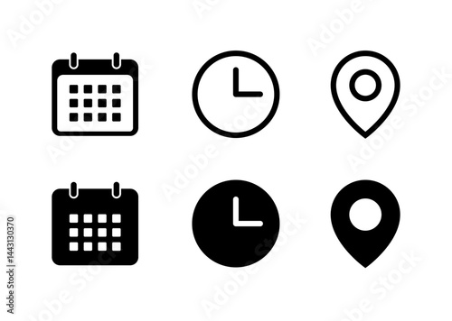 Calendar, date, time, clock, address, location line icons.