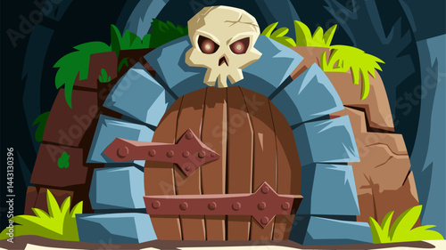 An eerie illustration of a skull-adorned wooden door set in a rocky entrance, surrounded by lush green foliage. Ideal for fantasy or adventure themes.