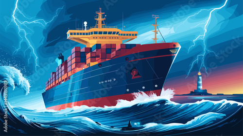 A vibrant illustration of a large container ship battling stormy seas. The ship is brimming with colorful cargo containers, illuminated by lightning. Nearby, a lighthouse stands tall as wave...