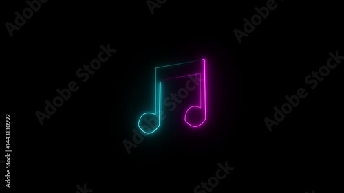 Glowing neon line musical note icon on black background. Music symbol neon color reveal and glowing loop effect animation. 