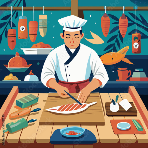 A chef is cutting a fish on a wooden cutting board. The image is a colorful and lively depiction of a kitchen scene