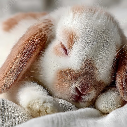 A fuzzy animal is curled up on a soft surface. It has soft fur with long ears that droop to the sides.