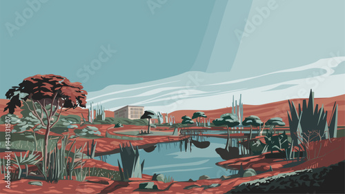 A vibrant stylized landscape featuring a tranquil pond surrounded by rolling hills, trees, and a building. The color palette highlights earthy tones and geometric shapes, evoking a serene at...