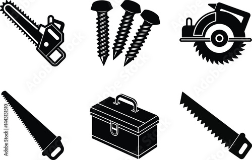 Construction Tool Icons Set  silhouette vector. Hand Saw, Circular saw, Toolbox, screw, Chainsaw vector.