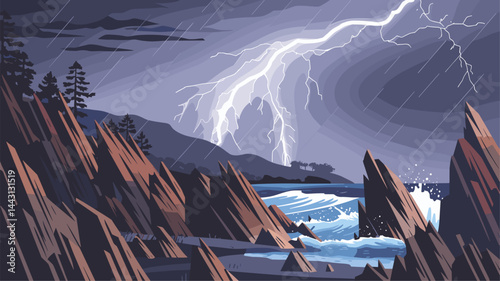 A stylized vector illustration showcasing a thunderstorm over a rocky coastline. Dark clouds and lightning illuminate the scene, while waves crash against the shore, creating a vivid atmosph...