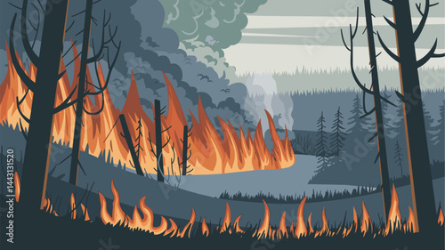 A dramatic vector illustration depicting a forest fire with vivid orange flames, dark smoke, and a backdrop of tall trees. Captures the intensity and environmental impact of wildfires.