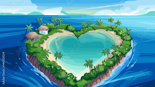 Explore a whimsical aerial view of a heart-shaped island surrounded by tranquil blue waters, lush greenery, and tropical palm trees. Perfect for romantic travel themes.