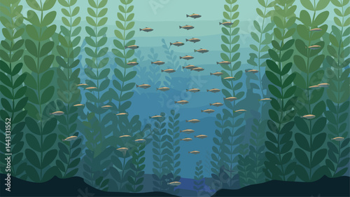 A serene underwater scene featuring a school of fish swimming gracefully among vibrant aquatic plants. Ideal for nature and marine life themes.