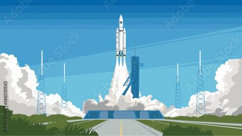 A vibrant illustration of a rocket launching from a launch pad, surrounded by dynamic clouds and communication towers. Perfect for technology and space themes.