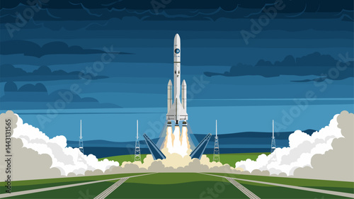 A dynamic vector illustration depicting a space rocket launching amidst billowing clouds and a vibrant blue sky. Perfect for themes of innovation, space exploration, and adventure.