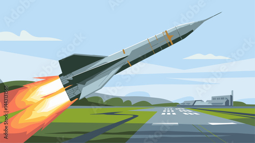 Dynamic vector illustration of a rocket launching from a runway, complete with fiery exhaust and a scenic landscape. Ideal for presentations on technology and space exploration.