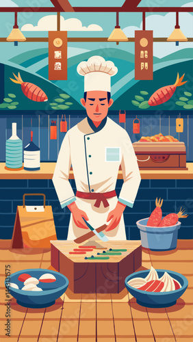 A chef is cutting a fish on a wooden cutting board. The image is a colorful and lively depiction of a kitchen scene
