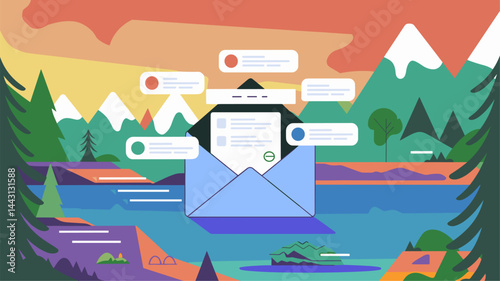 An artistic representation of an email notification surrounded by vibrant mountains and lakes. Perfect for digital communication themes, marketing, and nature.