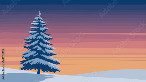 A serene vector illustration of a snowy evergreen tree set against a beautiful gradient sunset, transitioning from blue to warm orange hues, evoking a wintery landscape.