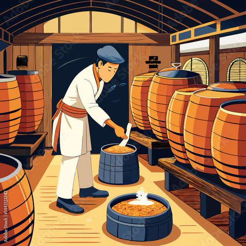 A man is cooking in a room with barrels. The barrels are orange and the man is wearing a white apron