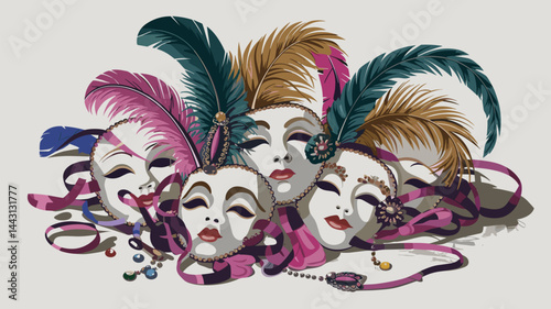 A vibrant design featuring a collection of Venetian masks adorned with feathers, jewels, and ribbons. Perfect for festive themes, carnival designs, and cultural events.