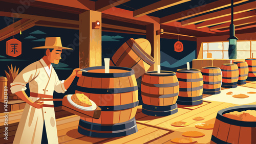 A man is cooking in a room with barrels. The barrels are orange and the man is wearing a white apron