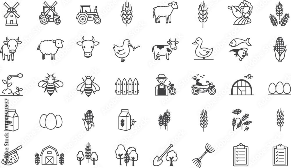 Obraz premium Farming, agriculture icon set. Vector glyph pictograms of tractor, barn, greenhouse, livestock, wheat, crop cultivation, livestock
