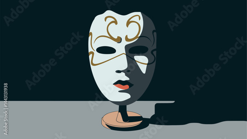 A captivating digital illustration of a classic theatrical mask, featuring ornate designs and striking shadows. Perfect for themes of art, drama, or performance.