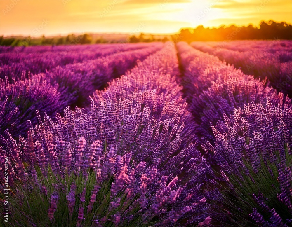 Obraz premium Lavender flowers - Sunset over a summer purple lavender field . Bunch of scented flowers 