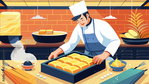 A chef is making bread in a kitchen. The kitchen is filled with various items such as bowls, spoons, and a knife. The chef is smiling as he works, creating a warm and inviting atmosphere