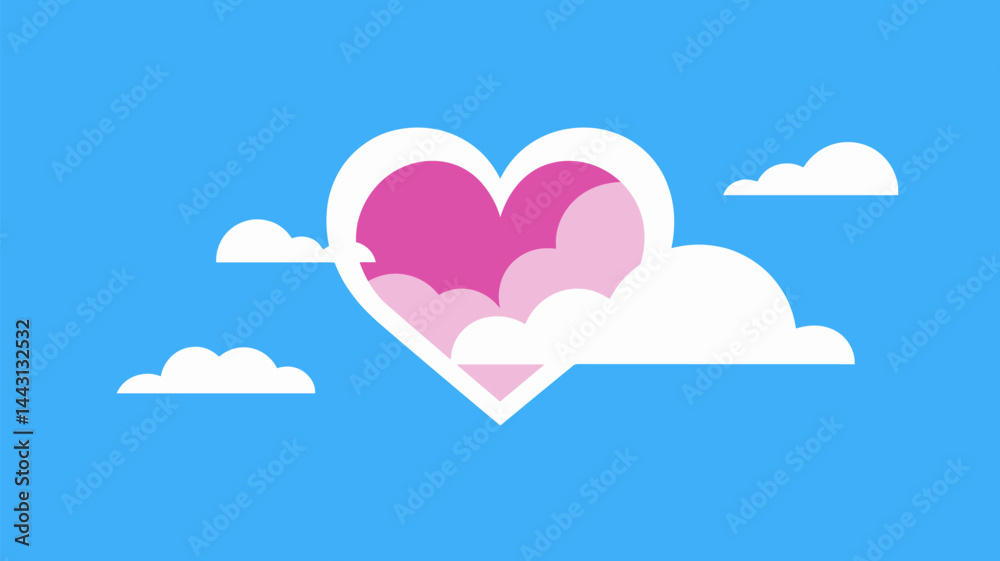 A vibrant and playful vector design featuring heart-shaped clouds against a bright blue sky. Perfect for romantic or love-themed projects.