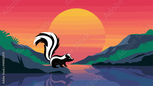 A beautifully designed vector image depicting a skunk silhouette against a colorful sunset backdrop. The serene water reflects the vibrant hues of red and orange, framed by lush green foliag...