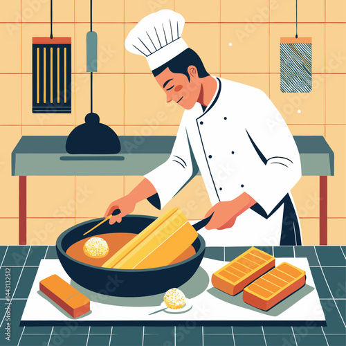 A chef is making bread in a kitchen. The kitchen is filled with various items such as bowls, spoons, and a knife. The chef is smiling as he works, creating a warm and inviting atmosphere