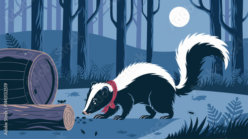 A charming vector illustration featuring a skunk with a red bandana exploring a forest scene under a full moon. The calm night setting includes a log and insects, creating a playful atmosphe...