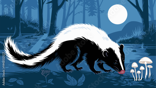 A stylized vector illustration of a badger exploring a serene moonlit forest scene. Surrounded by mushrooms, it captures a mystical ambiance with contrasting colors.