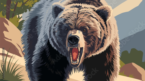 A powerful and striking vector illustration of a roaring grizzly bear in a stunning mountain landscape. Perfect for nature and wildlife themes.