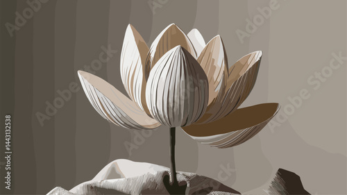 A minimalist vector artwork depicting a beautiful lotus flower with intricate petal details. The soft color palette and elegant design create a serene atmosphere, perfect for wellness or nat...