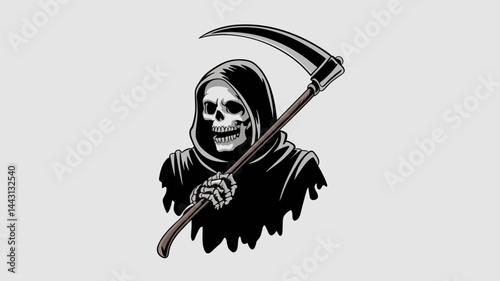 A striking illustration of the Grim Reaper, featuring a skull and scythe in a classic design. Ideal for Halloween themes, horror graphics, or gothic art.