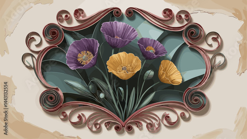 A beautifully designed vector image featuring elegant poppies in vibrant purple, yellow, and orange hues, surrounded by intricate decorative elements. Perfect for invitations or art prints.