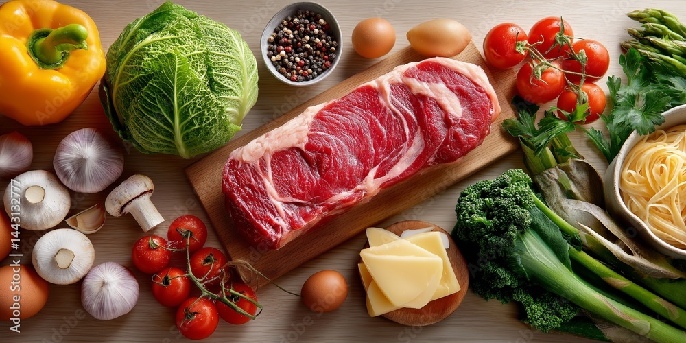 Frisches Fleisch und verschiedene Gemüsesorten auf Holzschneidebrett und rustikalem Tisch als Kochzutaten
