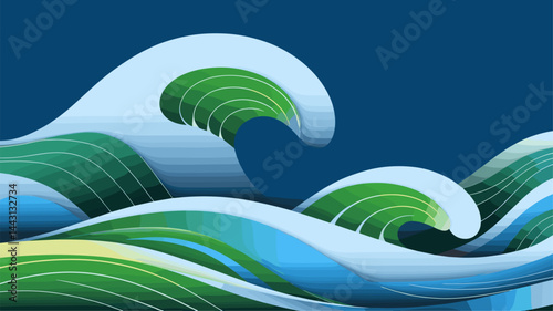 A stunning vector illustration of stylized waves in vibrant blues and greens, perfect for backgrounds, marine themes, or relaxation concepts. Create serene visuals!