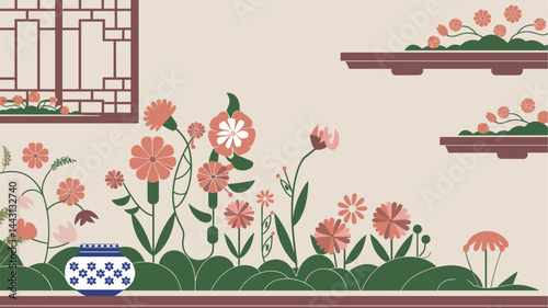 A beautifully designed vector image featuring vibrant flowers in a traditional Chinese style, complemented by decorative shelves and a porcelain vase. Perfect for cultural themes.