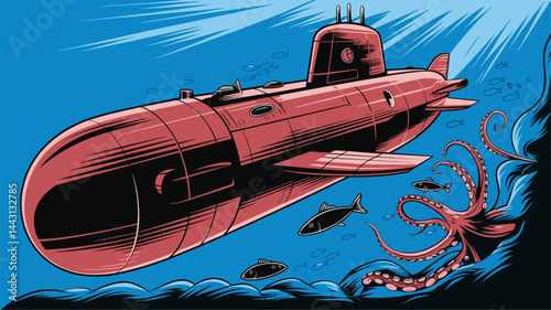 A vibrant vector illustration showcasing a red submarine navigating the deep blue sea, accompanied by an octopus and various fish for a playful underwater scene.