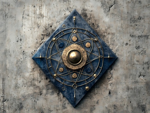 Abstract Celestial Design with Gold and Blue Elements on Textured Gray Background