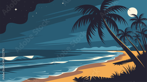 A serene vector illustration depicting a tropical beach at night. Features palm trees, gentle waves, and a bright moon casting reflections on the water.