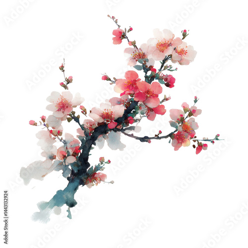 Traditional ink painting style sakura tree branches, Beautiful pink cherry blossom, spring flowers.	