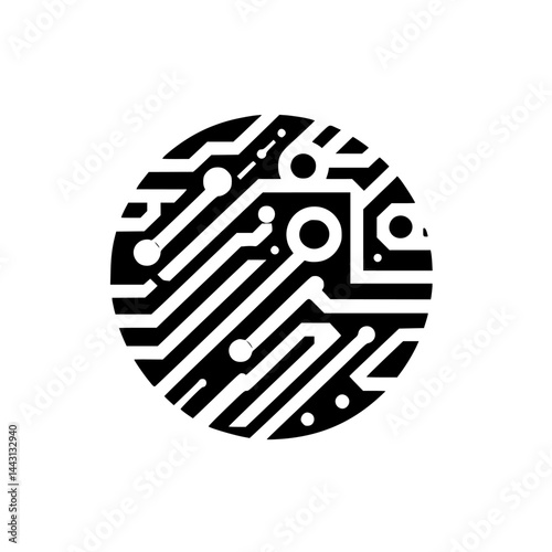 Abstract Circuit Board Icon in Black and White, Technology Illustration