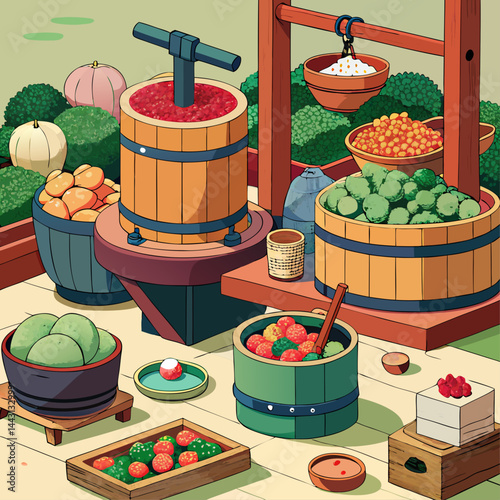 A colorful drawing of a market with many different types of fruits and vegetables. Scene is lively and inviting, with the abundance of produce suggesting a place where people can come to shop