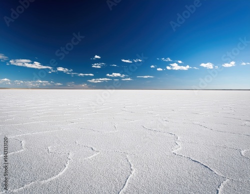 Vast white salt flat under bright blue sky showcasing intricate patterns and a clear horizon with a serene atmosphere