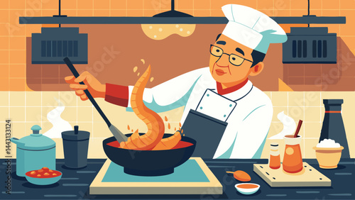 A chef is cooking food in a kitchen. The chef is wearing a white apron and a chef hat. The kitchen is filled with various cooking utensils and ingredients. The chef is preparing a dish with a long