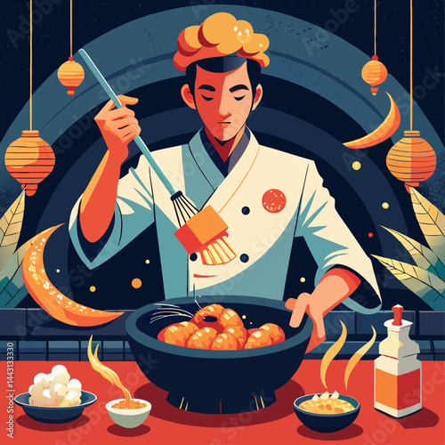 A chef is cooking food in a kitchen. The chef is wearing a white apron and a chef hat. The kitchen is filled with various cooking utensils and ingredients. The chef is preparing a dish with a long
