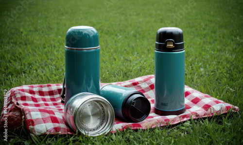 Obraz na płótnie Two insulated flasks resting on a green blanket outdoors, perfect for picnics or outdoor events w salonie