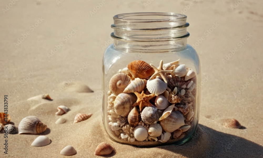 A glass jar filled with shells on a sandy beach