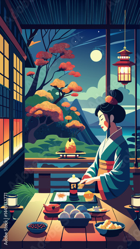 A woman is sitting at a table with a tea set in front of her. The table is set with food and drinks, and there are several bowls and cups on the table. The woman is wearing a kimono
