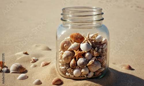 Obraz na płótnie A glass jar filled with shells on a sandy beach w salonie